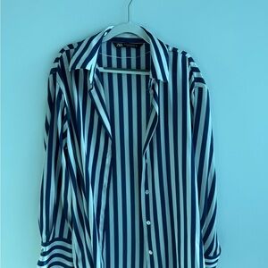 Zara Navy and White Vertical Stripe Button-Down Blouse